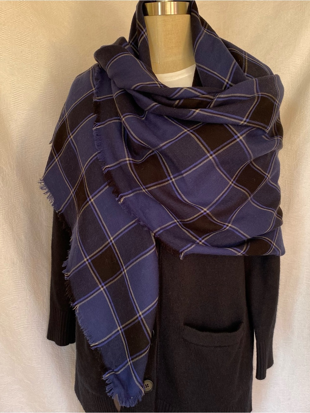 Coach Blue and Black Plaid Oversized Wool Wrap Scarf